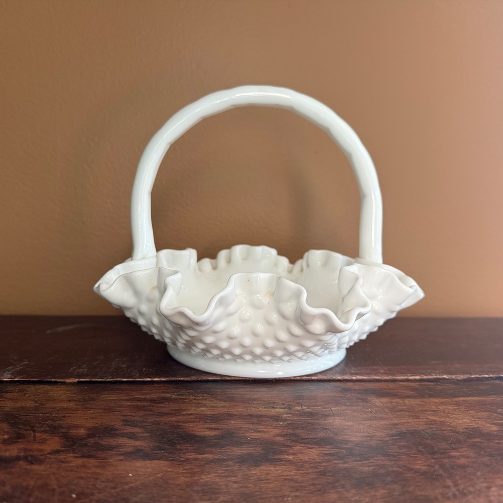 Vintage Fenton Hobnail Milk Glass‎ Basket Ruffled Edge Candy Dish Bowl